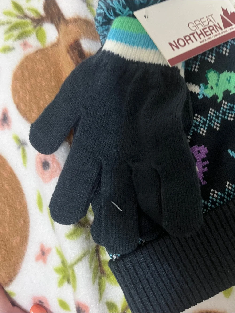 Kids Navy Dino Knit Beanie & Gloves Set